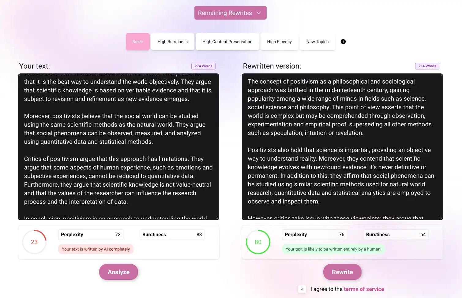 Screenshot of a GPTNinja page for rewriting text.